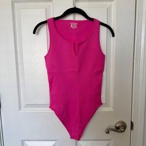 Women’s Ribbed Notch-Neck Bodysuit in Hot Pink